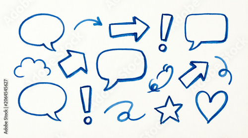 Hand-drawn blue icons and symbols on white background.