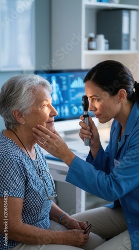 Doctor Examining Senior Patient's Eye with Ophthalmoscope in Clinic
