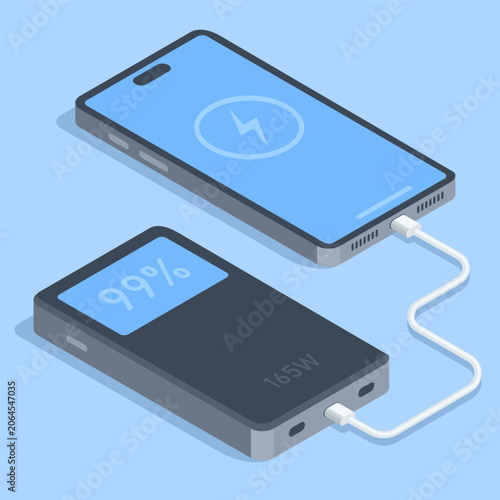 Fotografie An isometric vector smartphone connected to a power bank with a cable, in color