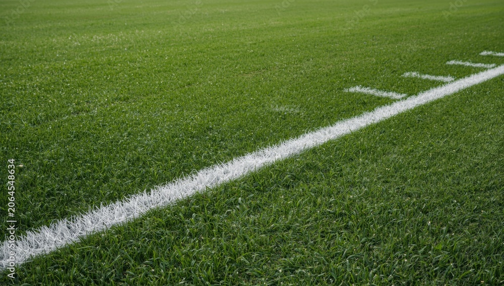 Obraz premium Green grass field with white yard line markings