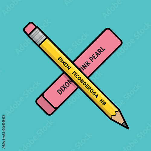 A Yellow Ticonderoga Pencil Crossed With A Pink Pearl Eraser On Blue