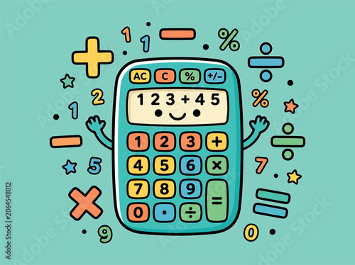 A cute cartoon calculator character surrounded by colorful floating math symbol icons