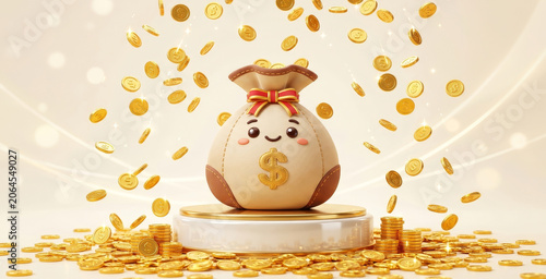 A cute cartoon-style money bag smiles as golden coins rain down, surrounded by stacks of shiny coins, creating a whimsical, joyful atmosphere.