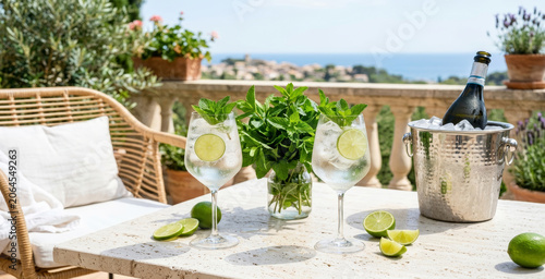 Refreshing cocktails with mint and lime are served on a sunlit terrace, accompanied by a chilled bottle of sparkling wine and lush greenery.