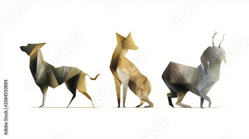 Origami silhouettes of animals arranged in a row with simple shapes and forms