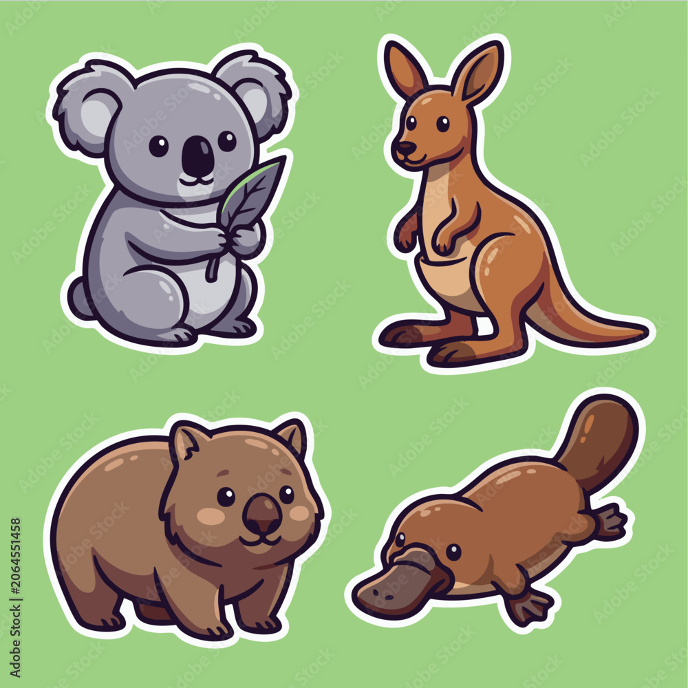 Fototapeta premium Adorable Australian Wildlife Collection - Koala, Kangaroo, Wombat, and Platypus Cartoon Stickers.