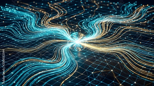 Abstract glowing blue gold data streams flowing through a digital network grid with bright central light burst, showing big data information flow connectivity, high speed technology communication 