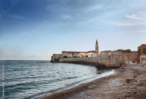 Landscape with sea and ancient fortress. Old Citadel in Budva, Montenegro