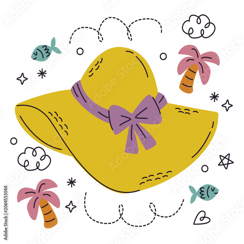 Yellow sun hat with purple ribbon and tropical design elements like palm trees fish and clouds on white background transparent background