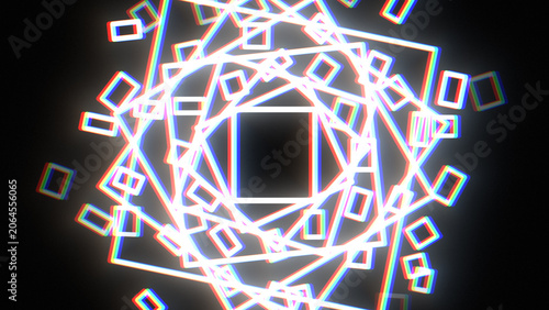 Abstract glitch background with glowing neon squares and chromatic aberration effect in cyberspace