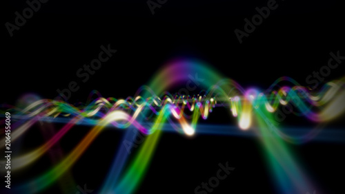 Abstract background with glowing neon rainbow waves on black