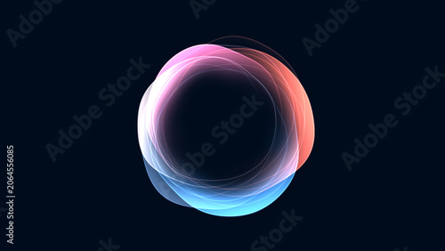 Abstract glowing circle formed by overlapping neon gradient lines on dark background