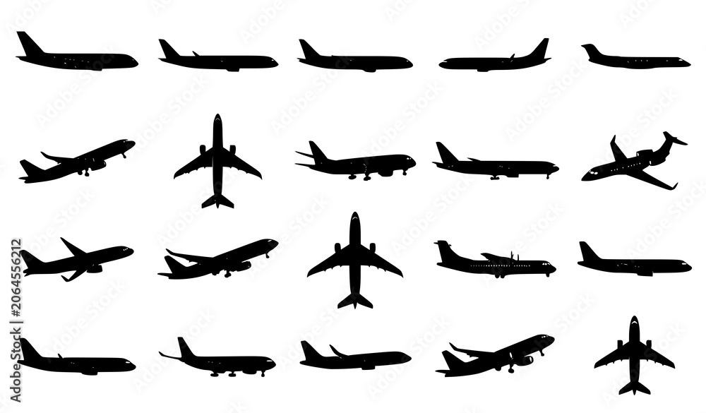 Obraz premium Commercial Airplane Silhouette Collection Vector Illustration
