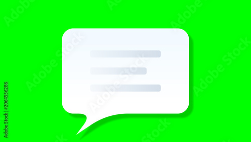 White speech bubble icon with text lines isolated on a green screen background