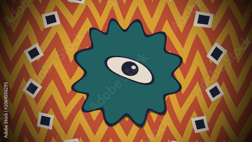 Retro style illustration with a large eye inside a green blob on a zigzag patterned background