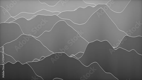 Minimalist monochrome topographic line art illustration of abstract mountain peaks on a gray gradient background