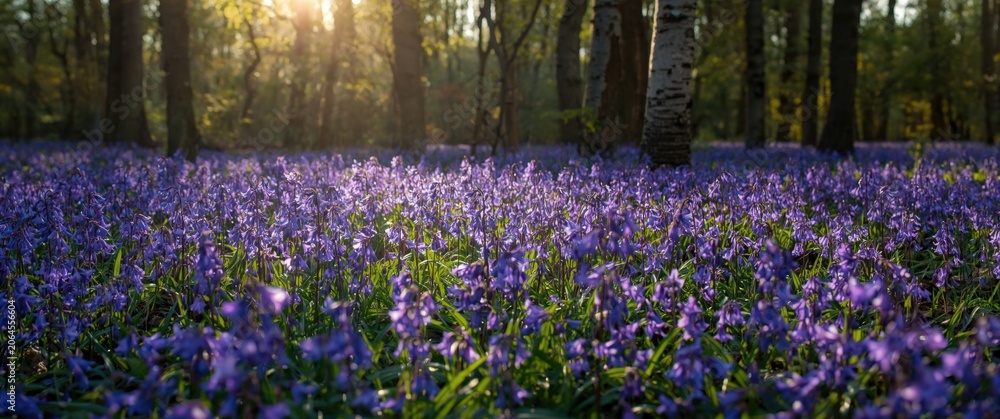 Obraz premium Purple wildflowers blooming in a sunlit forest clearing