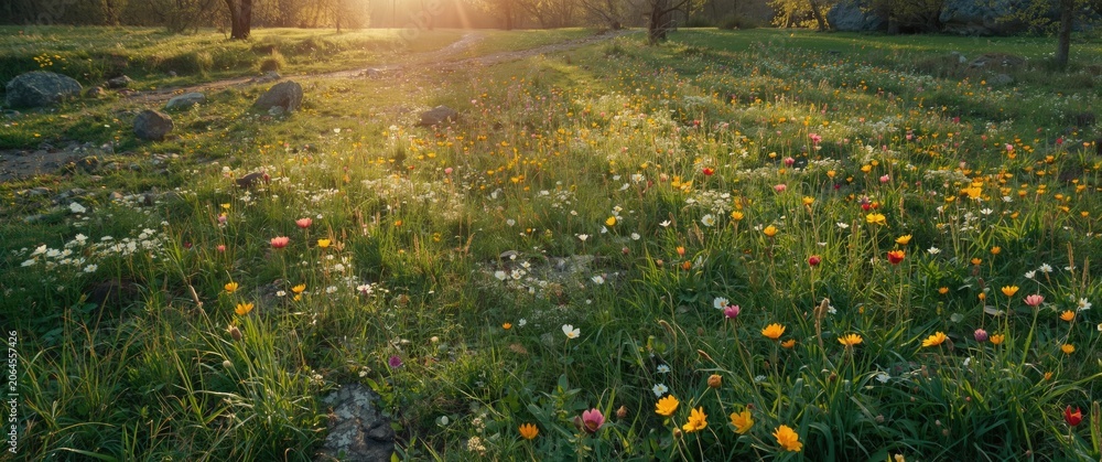 Obraz premium Vibrant countryside spring meadow featuring colorful flowers and scattered rocks beneath soft morning light