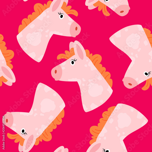Seamless Hobby Horse Head Pattern on Pink Background