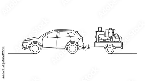 Car towing a trailer loaded with luggage for travel and vacation