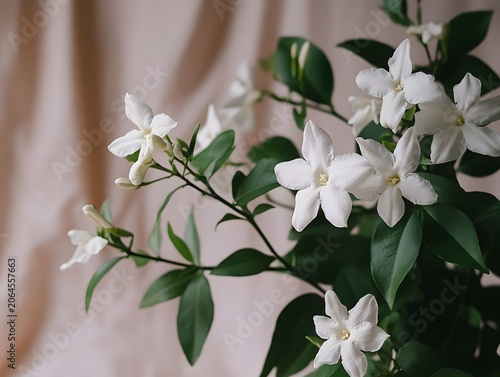 Close-up of white jasmine flowers and green leaves with a soft, blurred background.