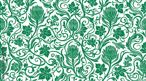 Bild auf Leinwand Green floral seamless pattern with artichoke motifs and swirling vines, elegant