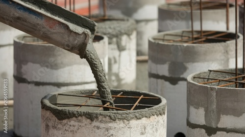Concrete being poured into a circular foundation formwork with rebar at a construction site