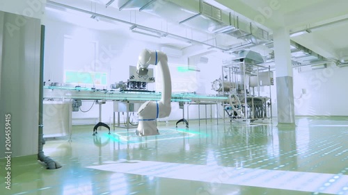 Automated production of pharmaceutical, cosmetic, or food products using robotics and AI-based control. Pharmaceutical industry. Pharmaceutical packaging line. Smart factory inside.