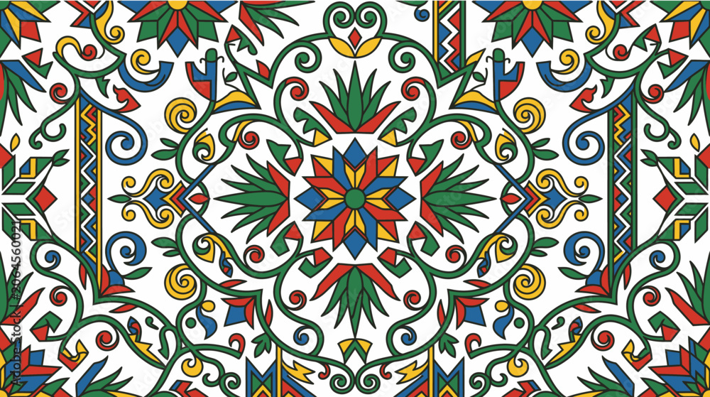 Fototapeta premium Decorative folk art pattern with floral motifs and geometric elements in vibrant colors, vector illustration