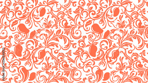 Seamless floral mango pattern in coral orange, decorative graphic element for textile design