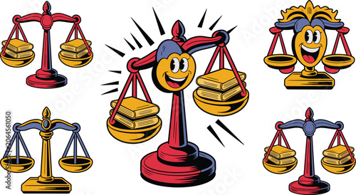 Fotografie Funny Justice Scale Mascot Collection with Law Books, Legal Balance Cartoon Vect
