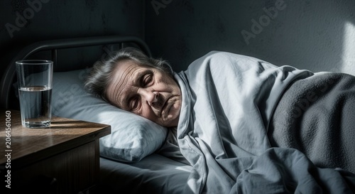Elderly Woman Resting Peacefully in Bed With Water Beside Her