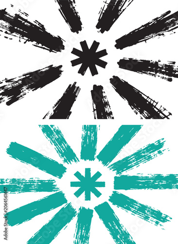 Grunge sunburst set with black and teal hand painted radial brush strokes and distressed starburst design for graphic backgrounds