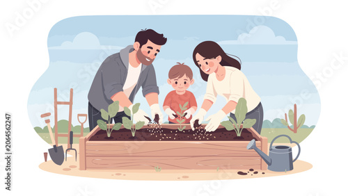 Joyful family spending quality time together, planting and nurturing seedlings in their backyard garden. A concept of sustainable living and growth