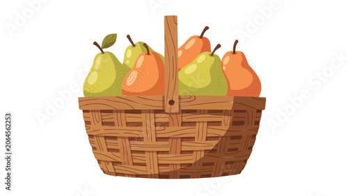 Rustic woven basket filled with fresh green and orange pears. Vibrant illustration symbolizing a bountiful harvest and healthy natural food