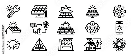 Solar energy and renewable power line icons showing photovoltaic panels, batteries, sustainable houses, and eco-friendly technology in a minimalist black and white vector set