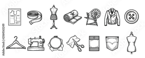 Large set of vintage sewing and tailoring icons featuring a mannequin, sewing machine, scissors, and pattern in a detailed black and white hand-drawn engraved style