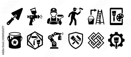 Black glyph icon set for painting and home renovation services, featuring a painter, roller, spray gun, robotic arm, trowel, and other professional construction tools