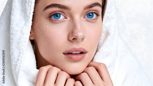 Closeup of woman with blue eyes wrapped in towel