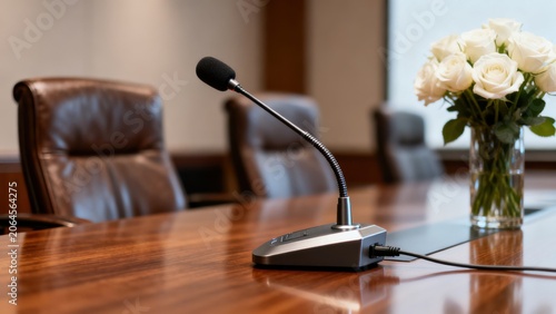 Conference room table with microphone and flowers