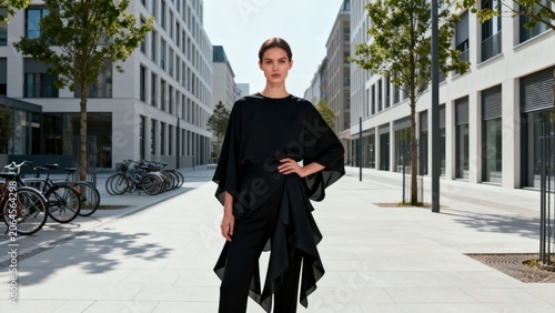 Woman in black outfit on city street