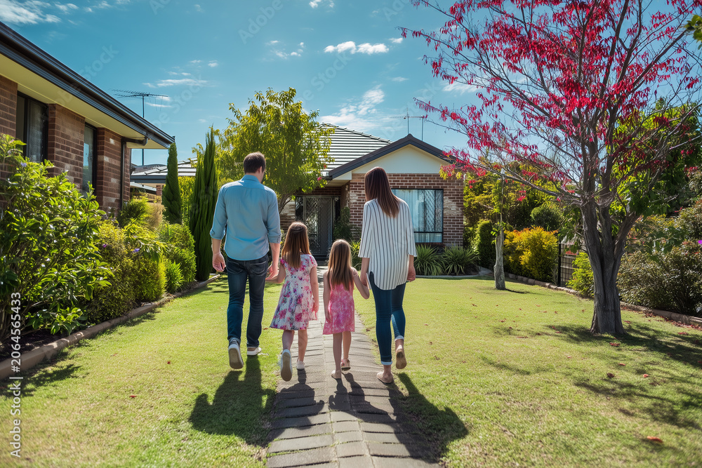 Obraz premium Family walking holding hands on a path towards a modern house on a sunny day