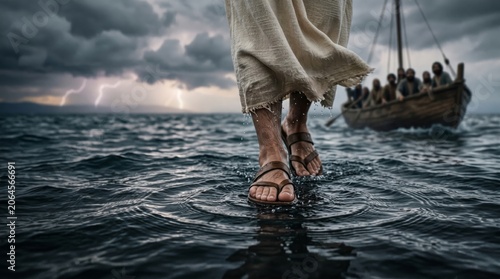 Man walking on water surface in storm. Jesus Christ miracle biblical scene at sea. Religious faith and divine power concept. Conceptual artwork of divine mystery with boat in storm.