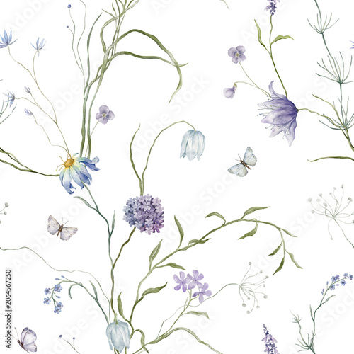 Romantic floral seamless pattern with butterflies. Hand drawn watercolor illustration flowers - hydrangea, fritillary, chamomile, forget-me-nots. Repeat ornament blue and violet wildflowers and herbs
