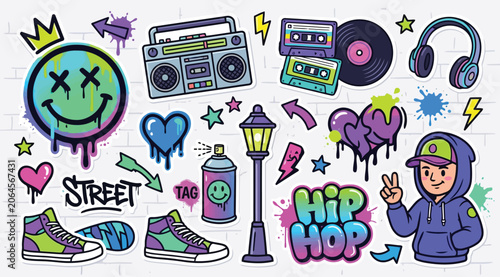 Set of colorful graffiti stickers with hip hop elements, boombox, smiley face, sneakers, and street art icons