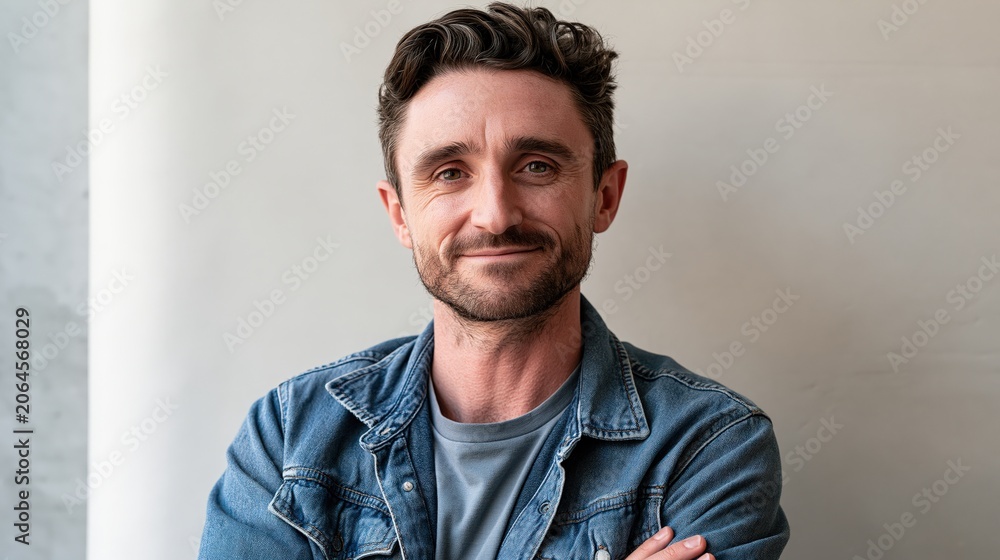 Fototapeta premium gen team lead young adult white athletic man closeup in denim jacket