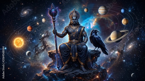 Lord Shani sitting on rock holding scepter with raven in space. Hindu deity planet Saturn personified across galaxy. Cosmic mythology, spiritual religious art, celestial god of justice.