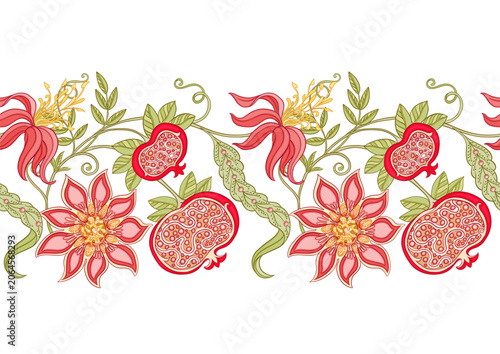 Decorative pomegranate fruits and flowers in art nouveau style, vintage, old, retro style. Seamless pattern, background. Vector illustration.