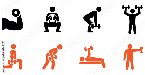 Fitness icon set editable vector illustrations for gym workout strength training exercise concepts