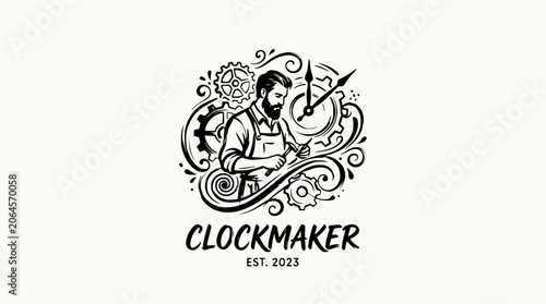 Принти на полотні Clockmaker logo with gears and watchmaker artisan.